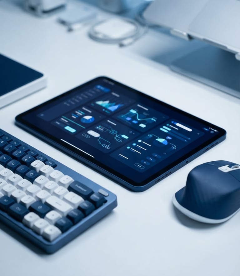 Sleek physical tech hardware, clean digital interface mockups on screens, cool studio lighting, deep navy and crisp white tones, sharp macro focus, 85mm