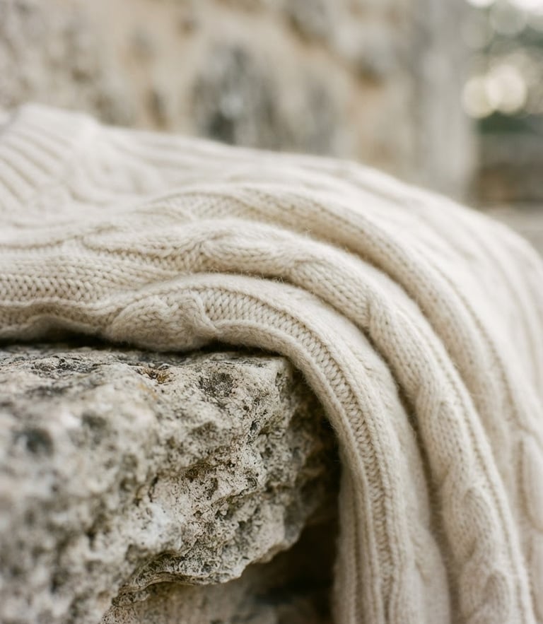 Macro close-up of a heavy cream cashmere knit garment draped over a limestone ledge, soft morning daylight, shallow depth of field, 35mm film style