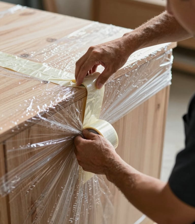 Close-up of a professional crew member wrapping a fragile wooden cabinet with thick protective bubble wrap and securing it with heavy-duty tape under bright daylight.