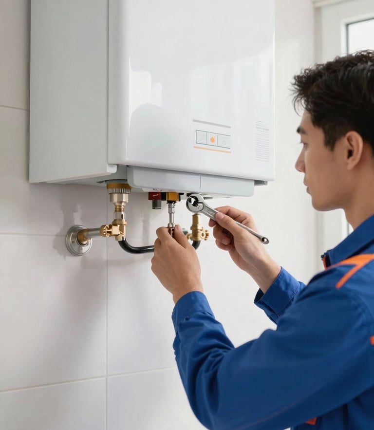 A professional Turkish technician in a blue uniform repairing a wall-mounted combi boiler, holding a wrench, bright natural indoor lighting, 35mm lens