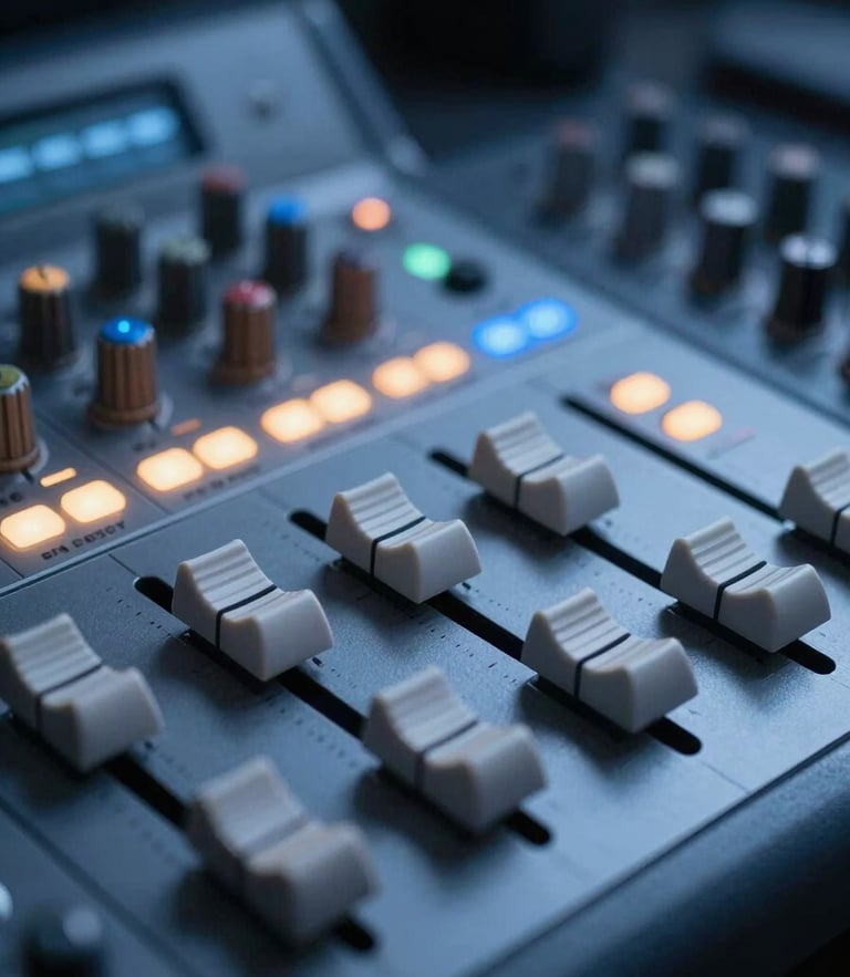 Macro close-up of a high-end solid state broadcast console, glowing blue and amber LED faders, pristine studio environment, cool low-key lighting, sharp focus, 35mm