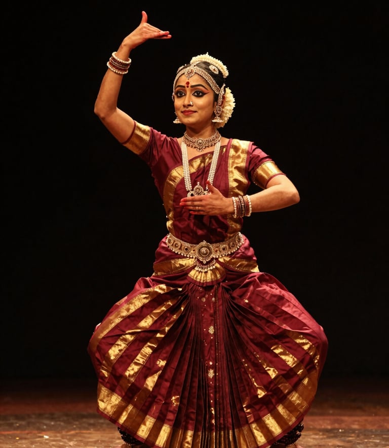 Dramatic stage photography, high-contrast warm spotlighting on a Bharatanatyam dancer in a sharp Araimandi posture, deep maroon and gold tones, 85mm