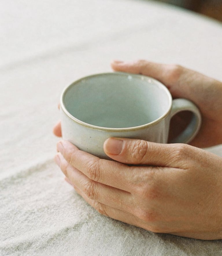 Close-up of hands holding a warm ceramic mug on a textured linen tablecloth, soft morning daylight, muted cream and clay tones, shallow depth of field, 35mm film