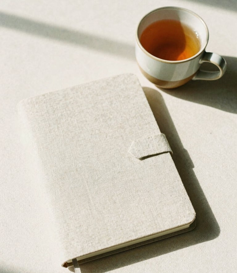 Overhead flat lay of a minimalist linen journal, a ceramic mug of warm tea beside it, soft morning daylight casting long gentle shadows on a cream textured surface, 35mm film.