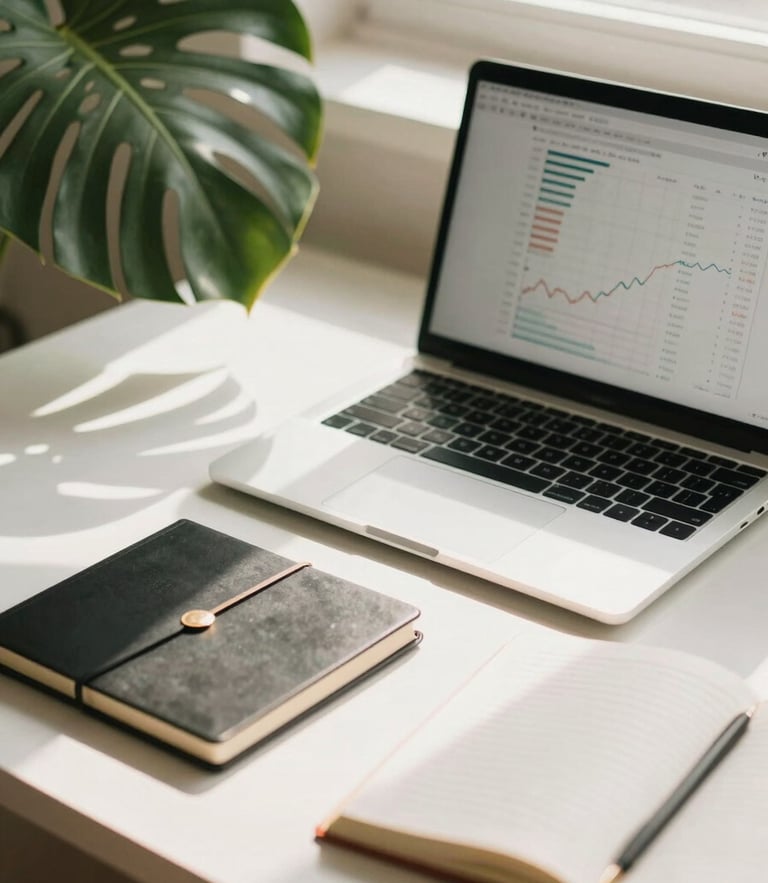 A minimalist, sunlit desk with a modern laptop displaying clean financial charts, a luxury notebook, and a soft shadow of a tropical monstera leaf, warm 35mm photography