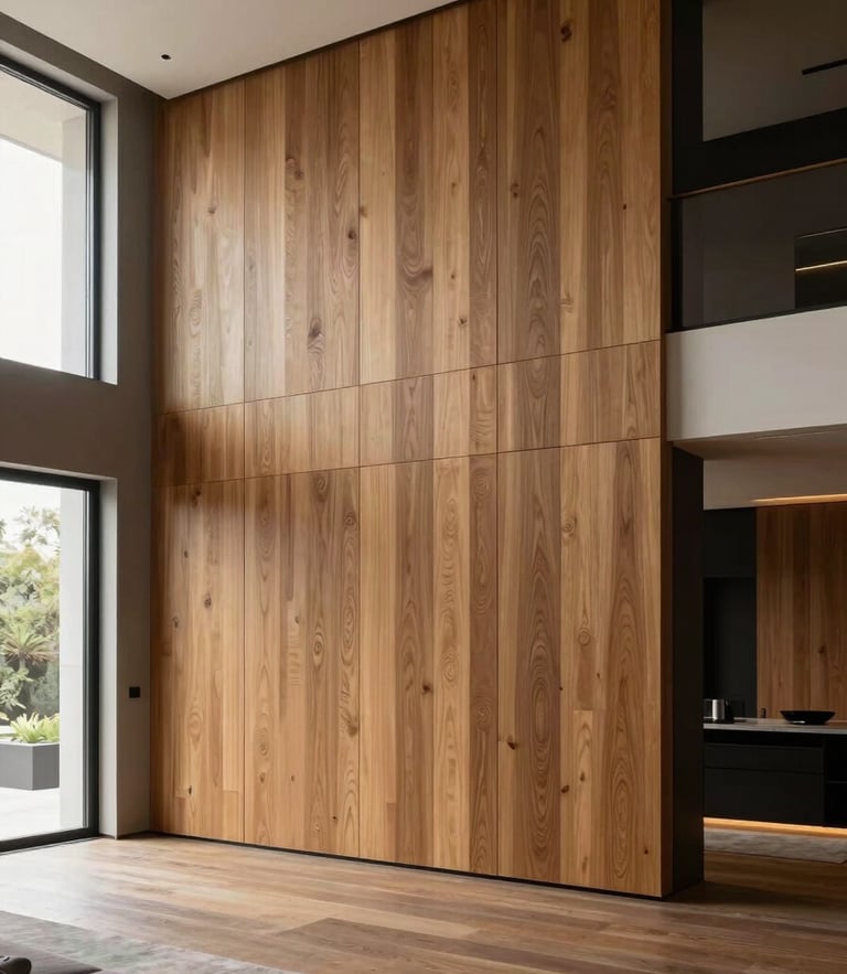 Wide-angle architectural shot of a luxury Emirates Hills villa interior, featuring massive floor-to-ceiling grain-matched oak wall paneling, minimalist furniture, dramatic side-lighting, 35mm