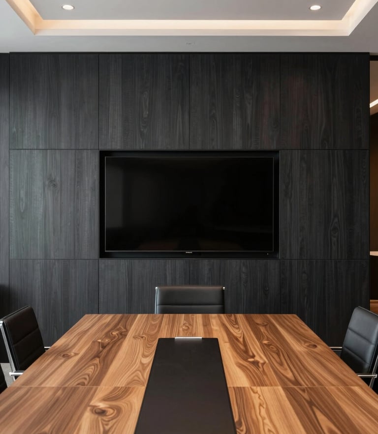 Straight-on elevation of a luxury commercial boardroom in DIFC Dubai, featuring dark charcoal timber wall panels, integrated media screen, custom conference table, sharp geometric lines, 35mm