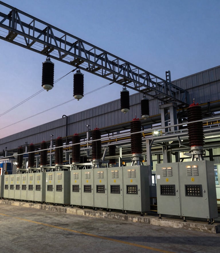 Wide panoramic shot of a heavy industrial factory interior at dusk, high-contrast lighting emphasizing the massive overhead cable trays and power distribution panels.