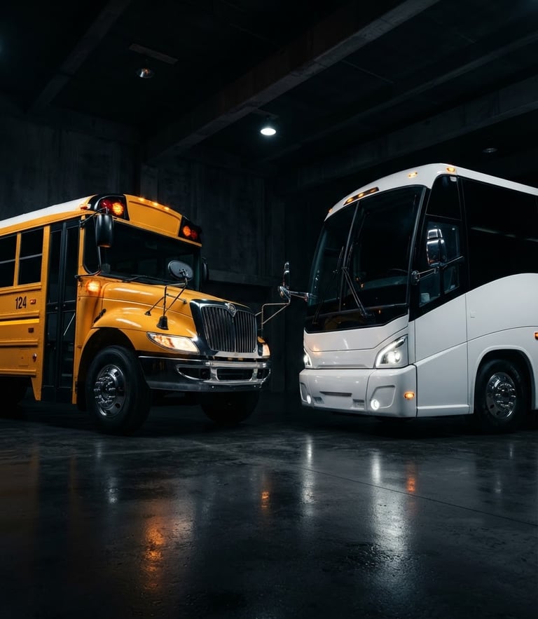 Dramatic low-angle exterior shot of a modern yellow school bus and white staff coach parked in a high-contrast automotive studio, sharp chrome accents, glowing LED indicators.