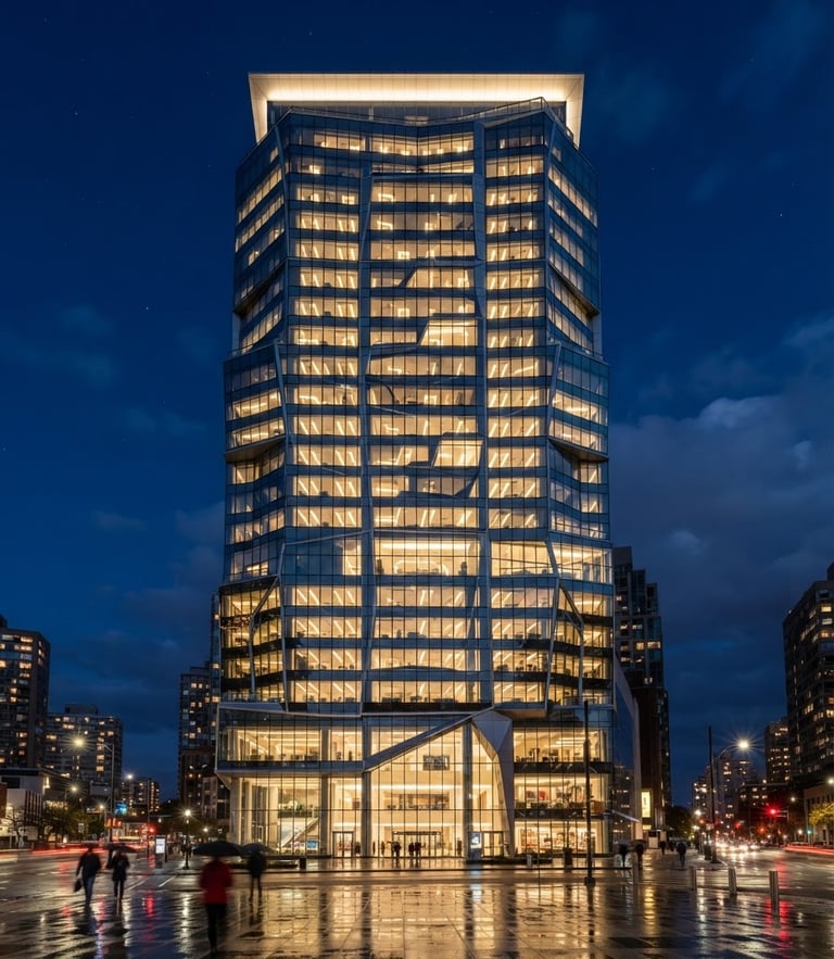 Sharp architectural twilight photography of a modern commercial office building with glowing geometric windows, wide-angle tilt-shift lens