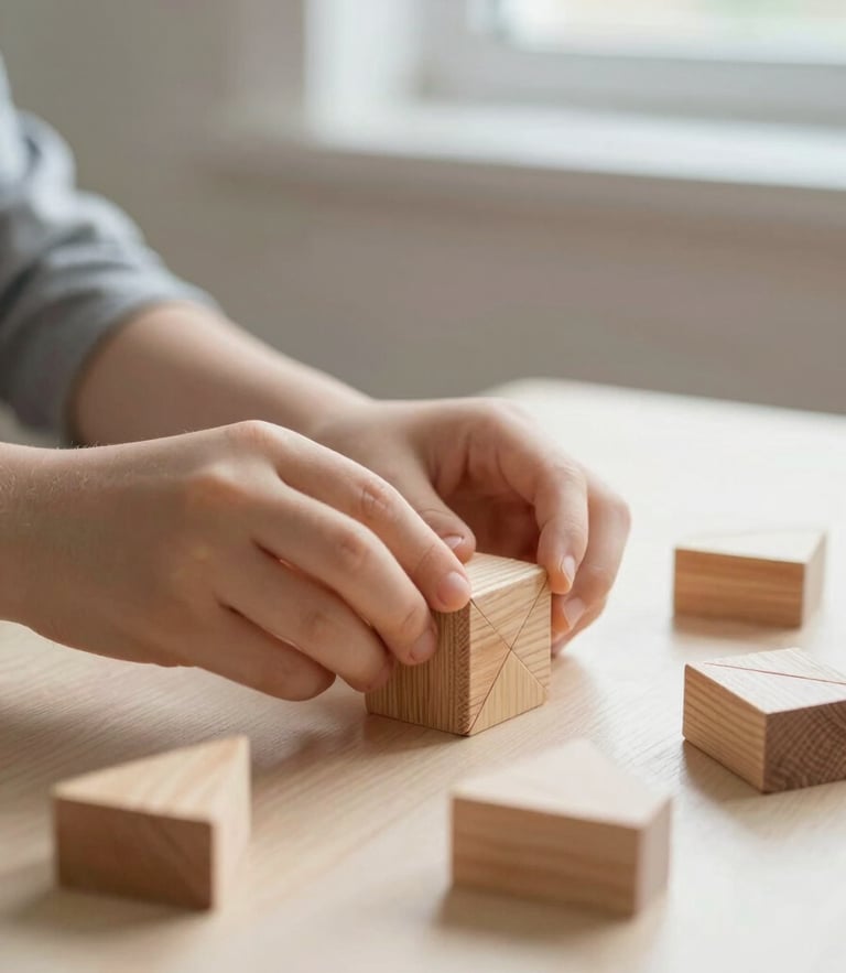 Soft natural window light on a child's hands carefully arranging wooden geometric blocks on a light cream table, close-up, high focus on hands and texture of wood.