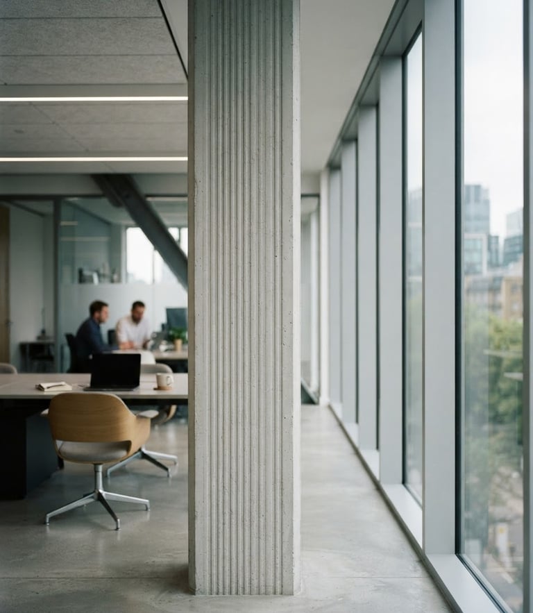 Dignified modern office interior with soft natural window light hitting a structured architectural column, clean minimalist aesthetic, shallow depth of field