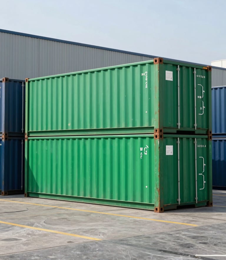 Sharp editorial photography of a modern logistics hub in Mumbai, crisp natural daylight, cool slate tones with vivid emerald accents, highly detailed, 35mm