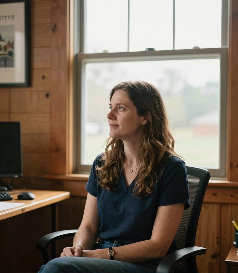 A quiet, environmental portrait of a local nonprofit leader in natural morning light, looking thoughtfully towards the window in a warm, wood-toned Kentucky office space.