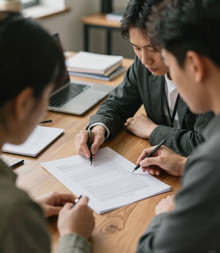 Medium-close environmental shot of two professionals reviewing a printed document at a wooden table, soft indirect morning light, natural workspace.