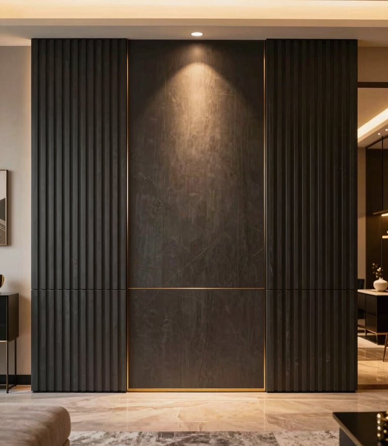 Straight-on architectural elevation of a luxury Gurugram living room featuring fluted charcoal panels and warm ambient lighting, 35mm lens.