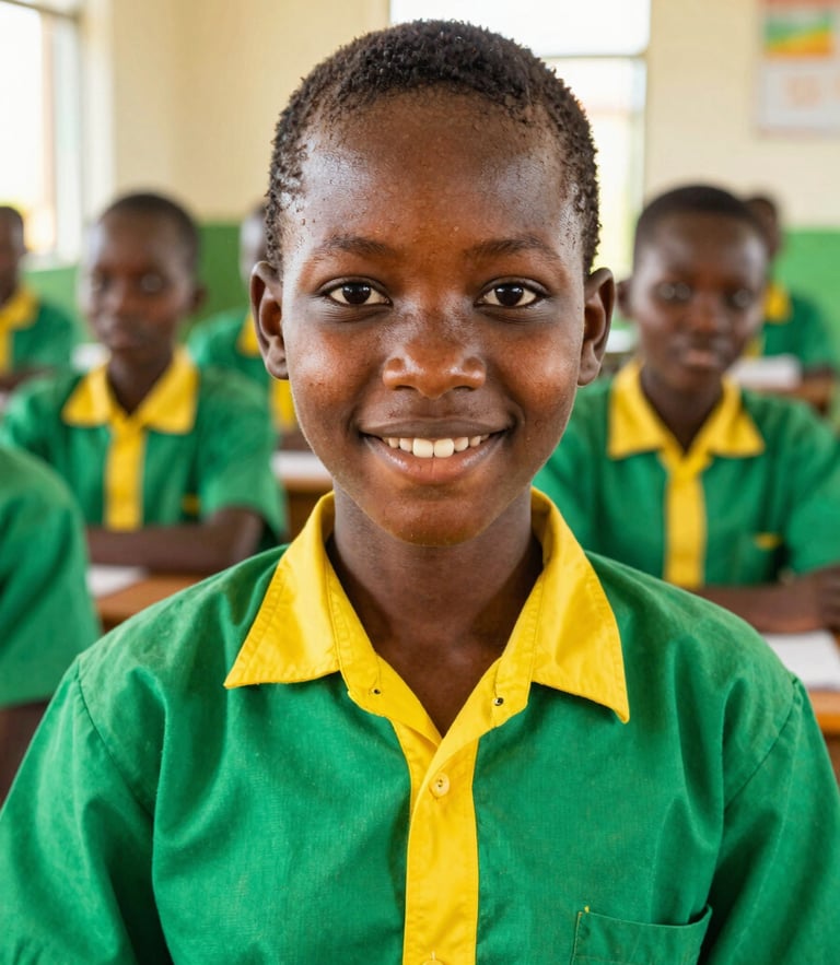 A close-up portrait of a Cameroonian secondary school student in a vibrant green and yellow uniform, smiling confidently in front of a bright Limbe classroom, warm natural daylight, 35mm