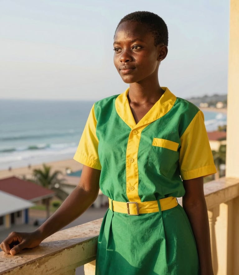 A proud Cameroonian high school student in a vibrant green and yellow uniform, standing on a sunny balcony overlooking the Limbe coastline, warm golden hour light, 35mm editorial photography.
