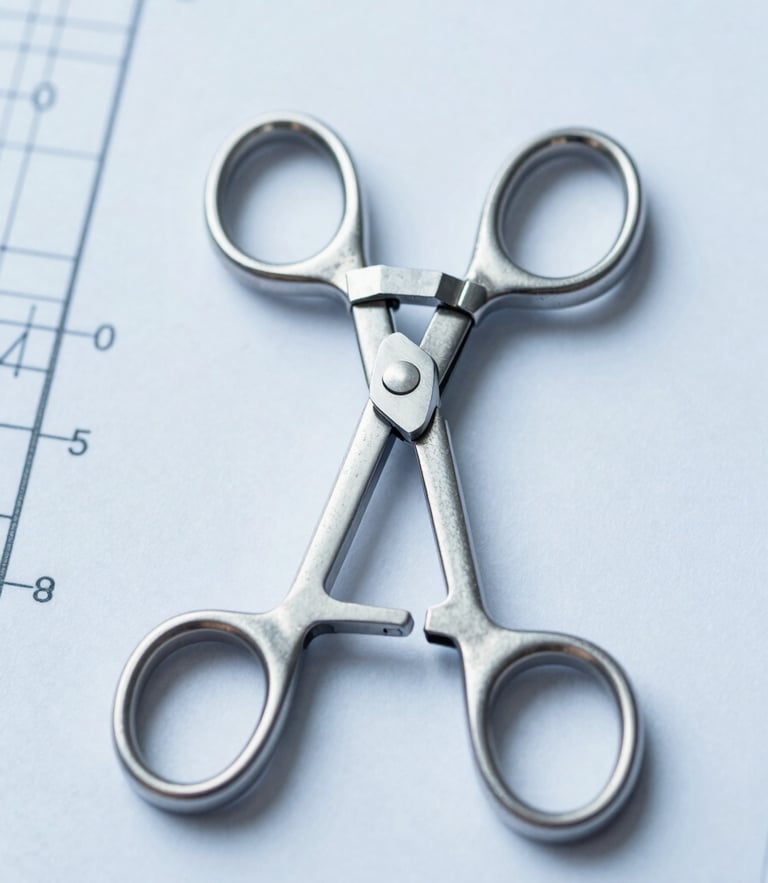 A crisp, clinical top-down macro photograph of a technical blueprint for a surgical clamp, with a stainless steel prototype instrument resting precisely on the drawing lines under bright cool studio light.