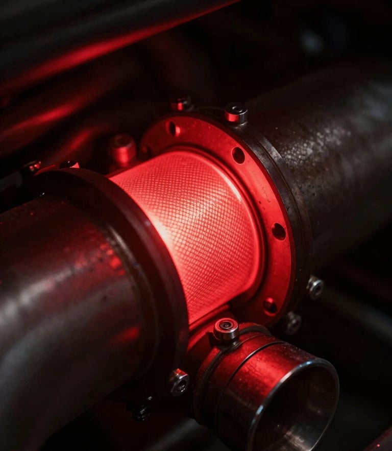 Extreme close-up of a glowing exhaust manifold on a dyno, intense red heat, metallic textures, dark moody background, high contrast, 35mm