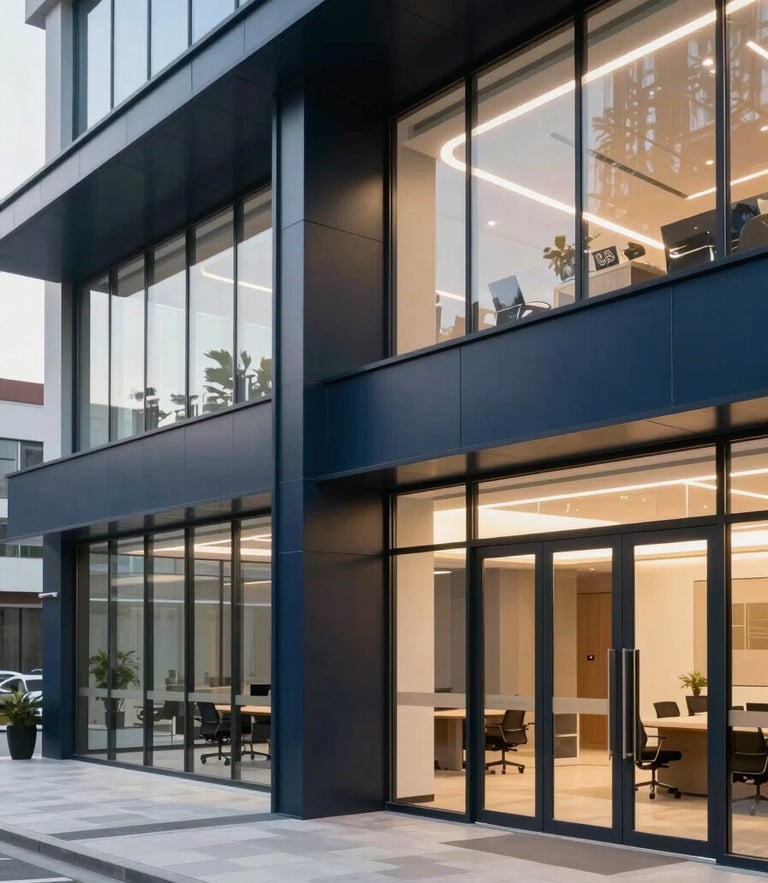 An elegant architectural shot of a modern corporate training center with clean glass walls and warm lighting, professional atmosphere, deep navy accents, editorial style, 35mm