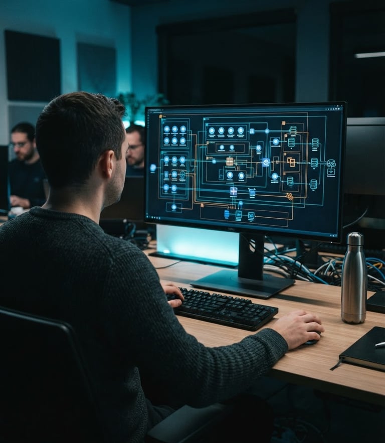 Over-the-shoulder perspective of a software engineer analyzing a complex network architecture diagram on a high-end monitor, cool blue and teal ambient backlighting, modern workspace, 35mm lens.