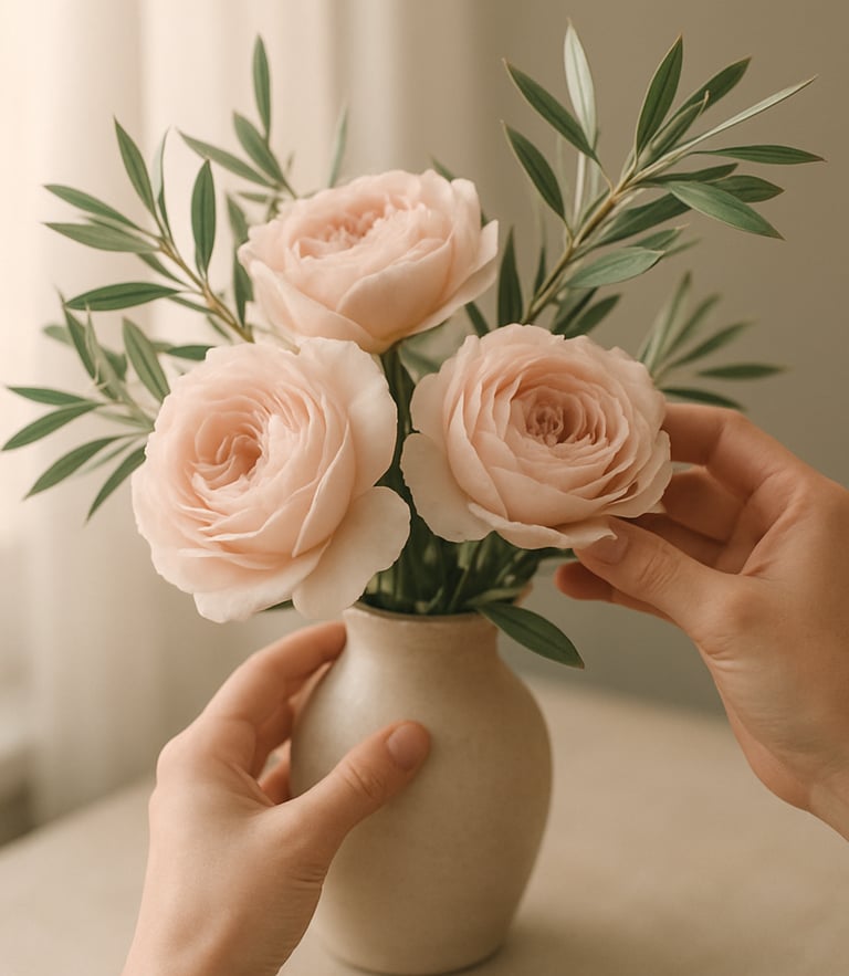 Close-up of a florist's hands arranging delicate garden roses and olive branches in a ceramic vase, soft morning window light, warm editorial photography