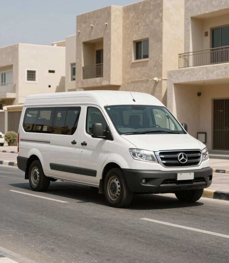 Wide-angle environmental shot of a branded service vehicle parked on a real residential street in Deira Dubai, bright midday sun, high-contrast shadows, clean industrial aesthetic.
