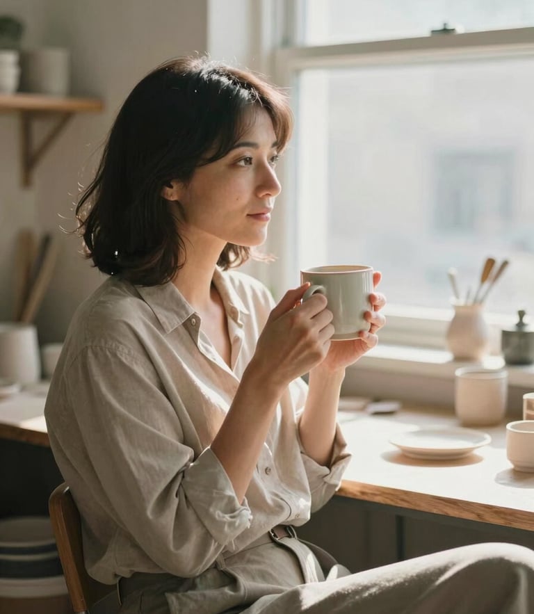 A focused female business owner looking relaxed in her bright, sunlit workshop, holding a ceramic mug, warm natural window light, 35mm film style