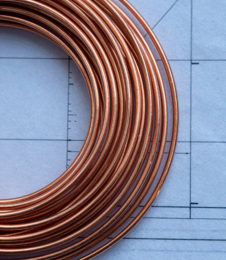 Top-down macro photography of clean copper wire scrap and blueprint lines, high-contrast cool daylight with metallic copper highlights, sharp focus, 35mm lens