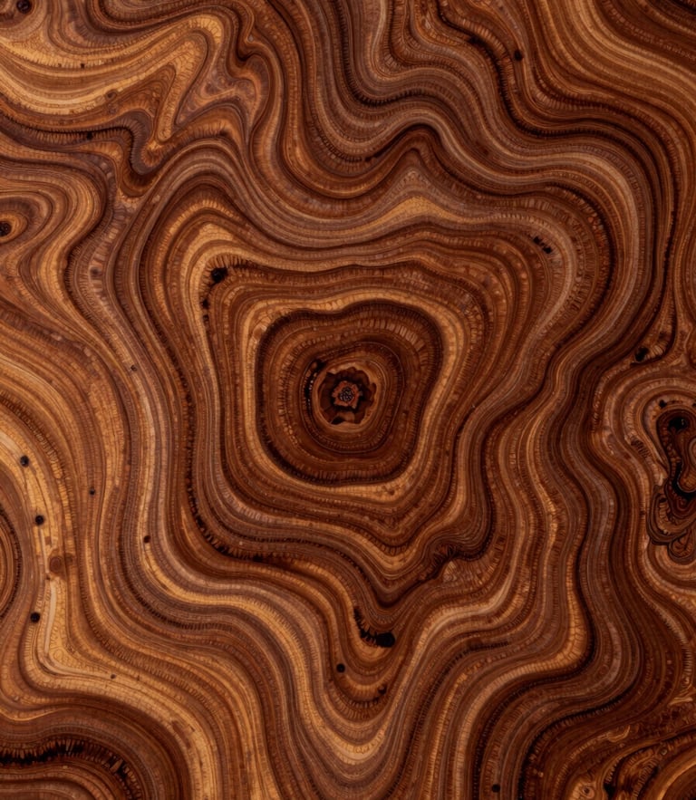 Abstract macro photography of swirling burl wood grain, rich warm tones, high contrast, resembling a topographical map.