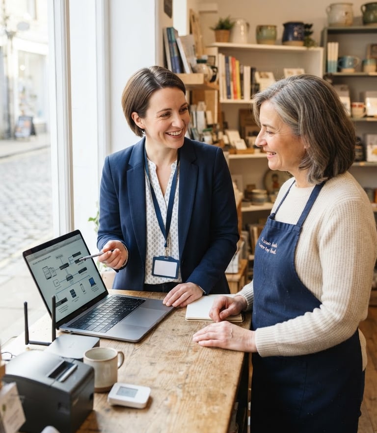 A bright, natural daylight medium shot of an approachable IT consultant discussing setup options with a local shop owner, clean blue and white tones, professional editorial style.
