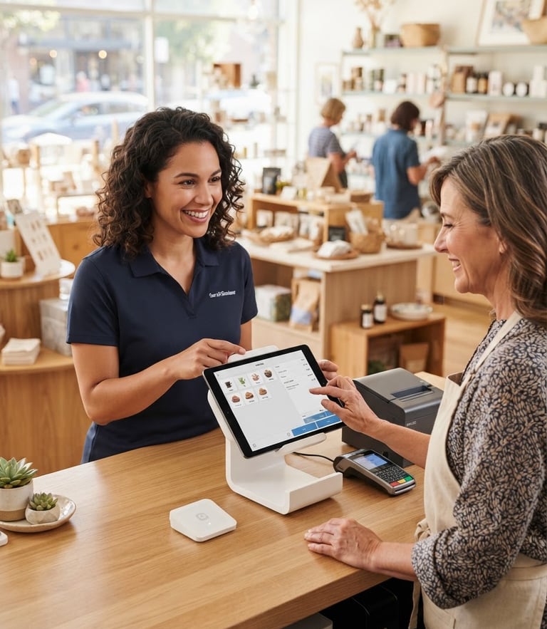 Approachable tech consultant in a bright local retail shop, helping a merchant set up a tablet POS system, warm natural daylight, clean blue and white tones