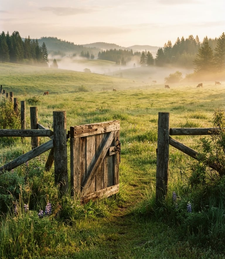 A rustic wooden gate opening to a sun-drenched green pasture in Athol, Idaho, morning mist rising, warm golden hour light, editorial photography.