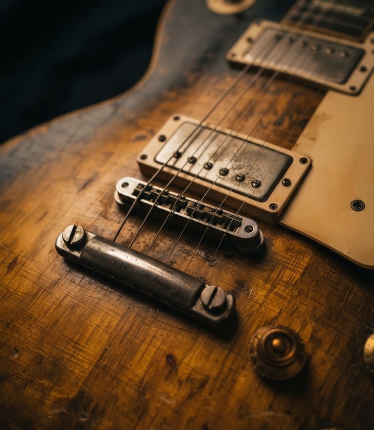 Moody close-up of a worn vintage guitar body, warm low-key studio lighting, rich amber and charcoal tones, shallow depth of field