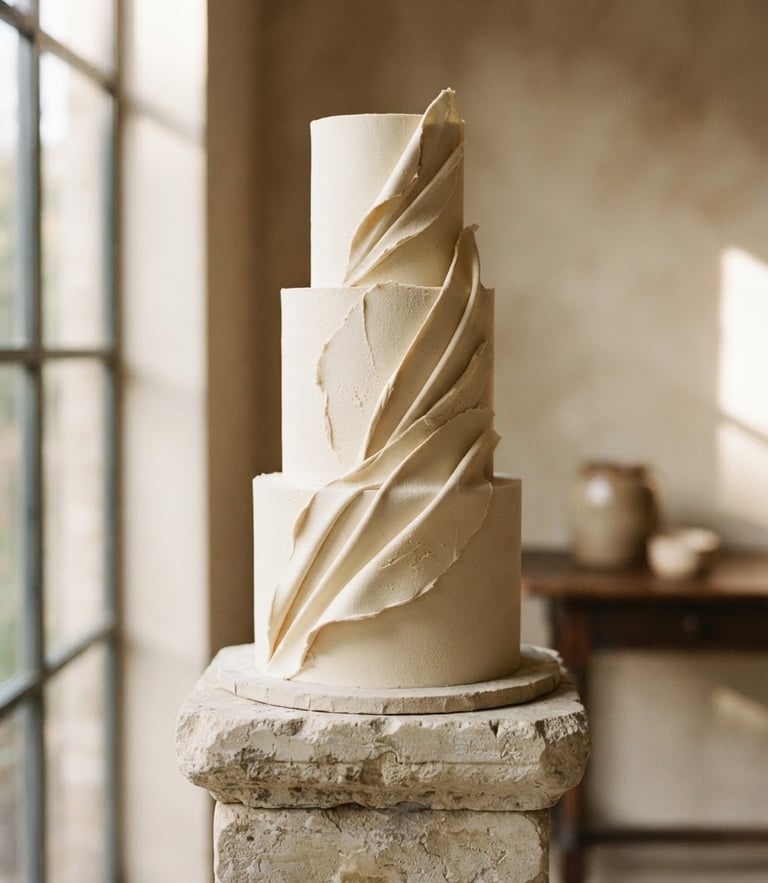 A tall, minimalist three-tiered custom cake with architectural buttercream folds, resting on a rough stone pedestal, soft side window light, warm neutral background, warm editorial photography, shallow depth of field, 35mm