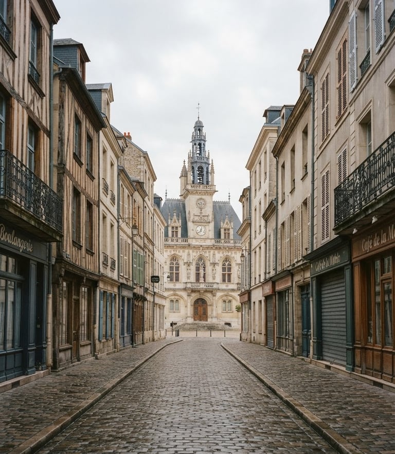 Atmospheric view of the historic cobblestone streets of Compiègne city center in soft overcast morning light, empty road, architectural details, 35mm photography.