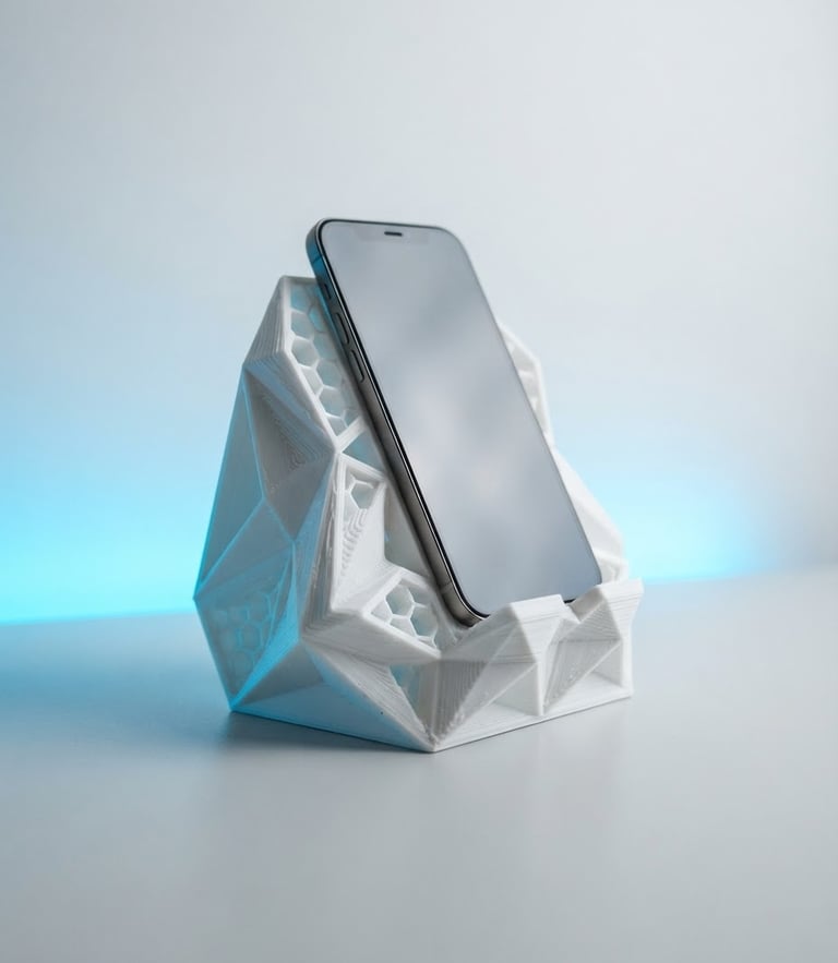 Bright high-key studio photography of a geometric 3D printed phone stand on a clean light gray desk, vibrant electric blue neon ambient backlighting, sharp macro details of the printed layers, 35mm lens