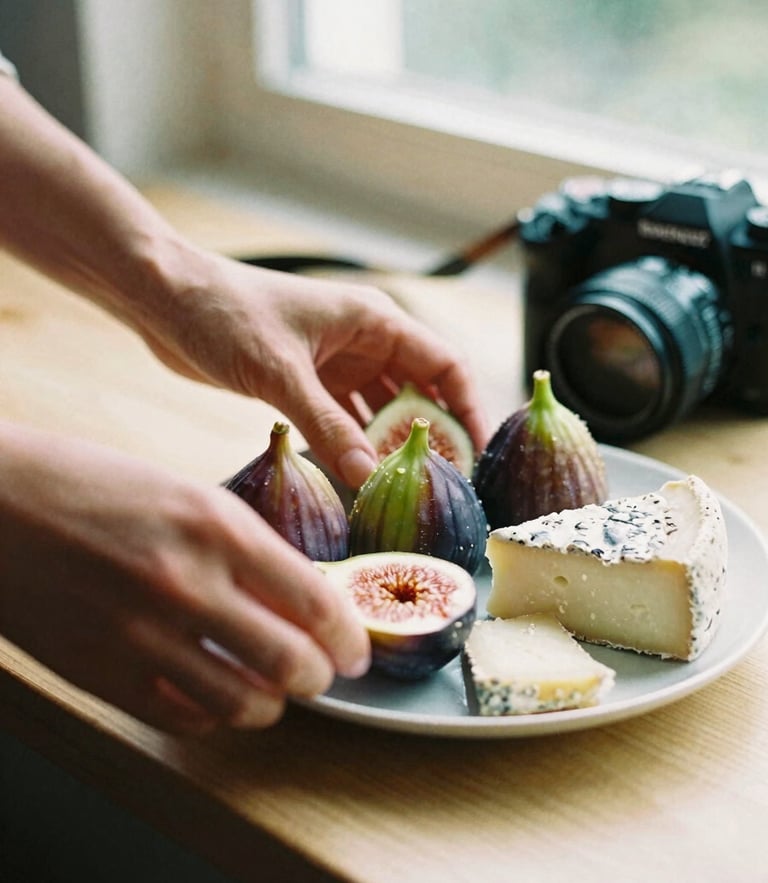 Hands of a food photographer adjusting a plate of fresh figs and artisanal cheese next to a camera, warm natural window light, 35mm film look