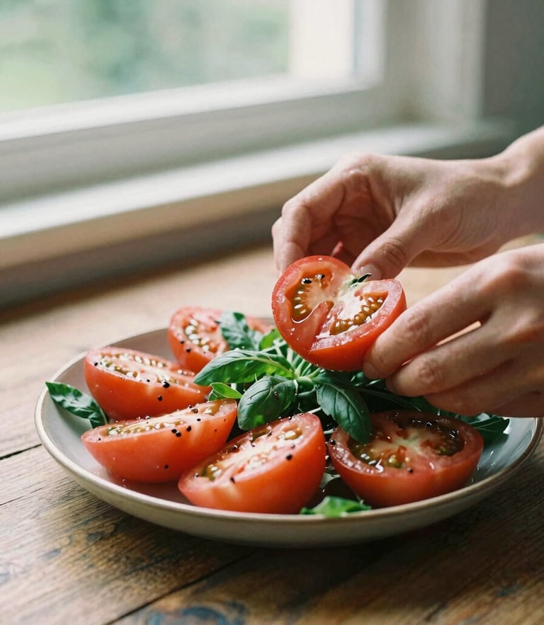 Hands styling a fresh heirloom tomato salad on a rustic wooden table, warm natural window light, 35mm film look