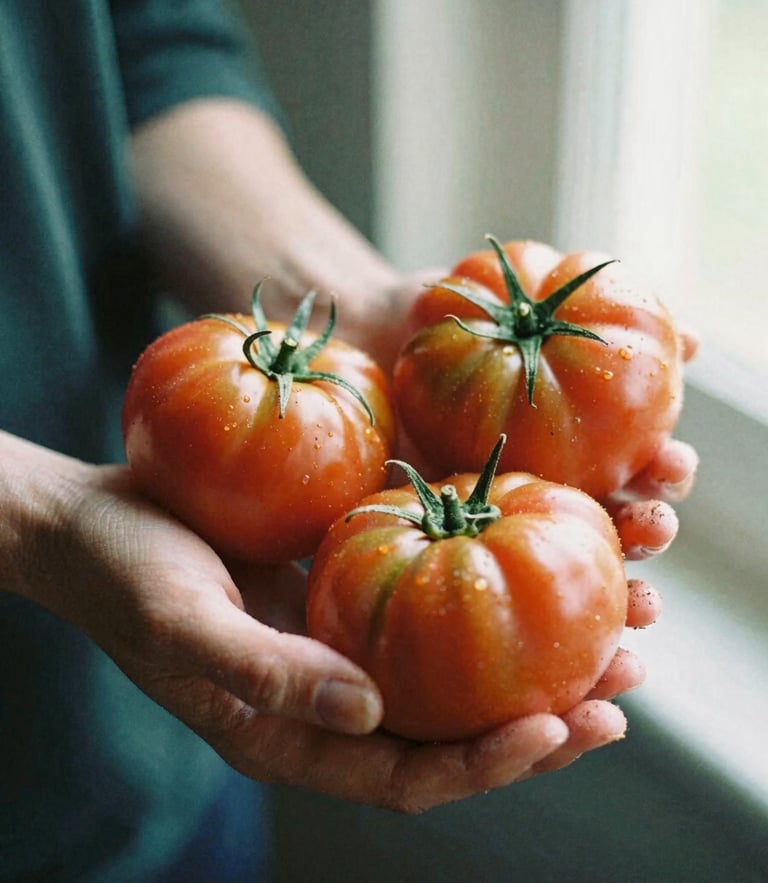 Close-up of hands holding freshly harvested organic heirloom tomatoes in natural morning light, earth on fingers, warm editorial photography style.