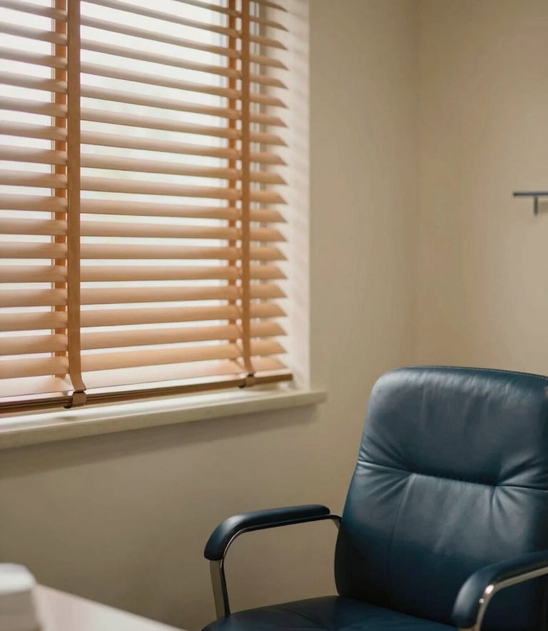 Warm editorial photography of a minimalist medical office, soft natural window light filtering through wooden blinds, a leather chair, warm beige tones, 35mm
