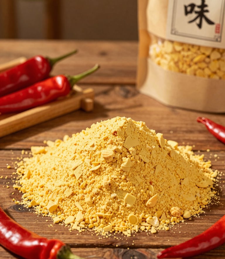 Warm editorial food photography of fresh yellow corn flour, red chiles, and authentic packaging on a rustic wooden table under golden-hour sunlight