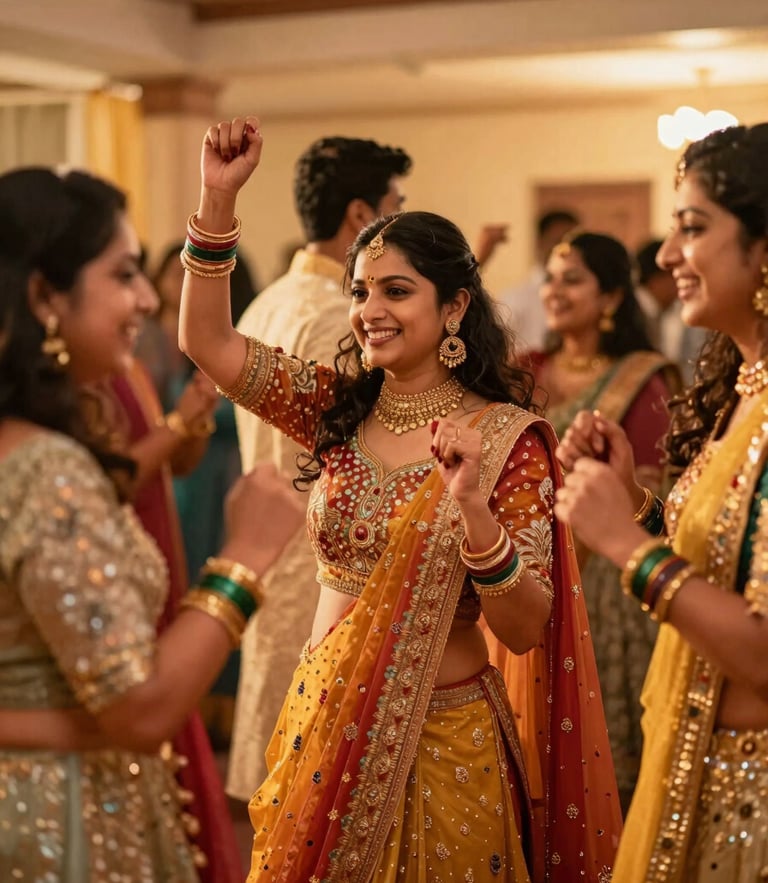Candid shot of family members dancing and laughing at a sangeet celebration, warm indoor ambient lighting, vibrant attire, shallow depth of field