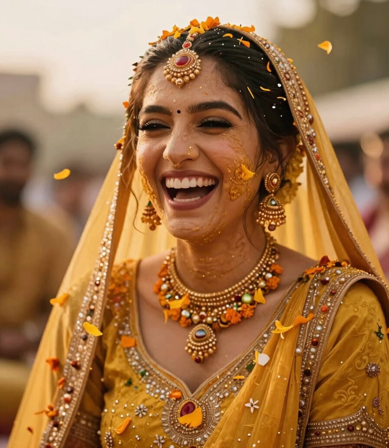 Candid close-up of a bride laughing during her haldi ceremony, warm golden-hour light, marigold petals in the air, shallow depth of field, 35mm