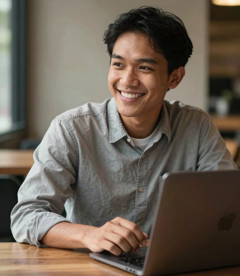 Medium shot of a young Indonesian adult smiling while studying with a laptop at a wooden table in warm afternoon natural light, focused and optimistic expression.