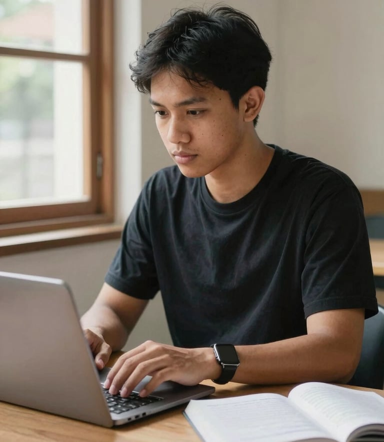 A focused Indonesian adult student typing on a laptop at a wooden table, warm natural window light, modern book with notes beside him, clean composition.