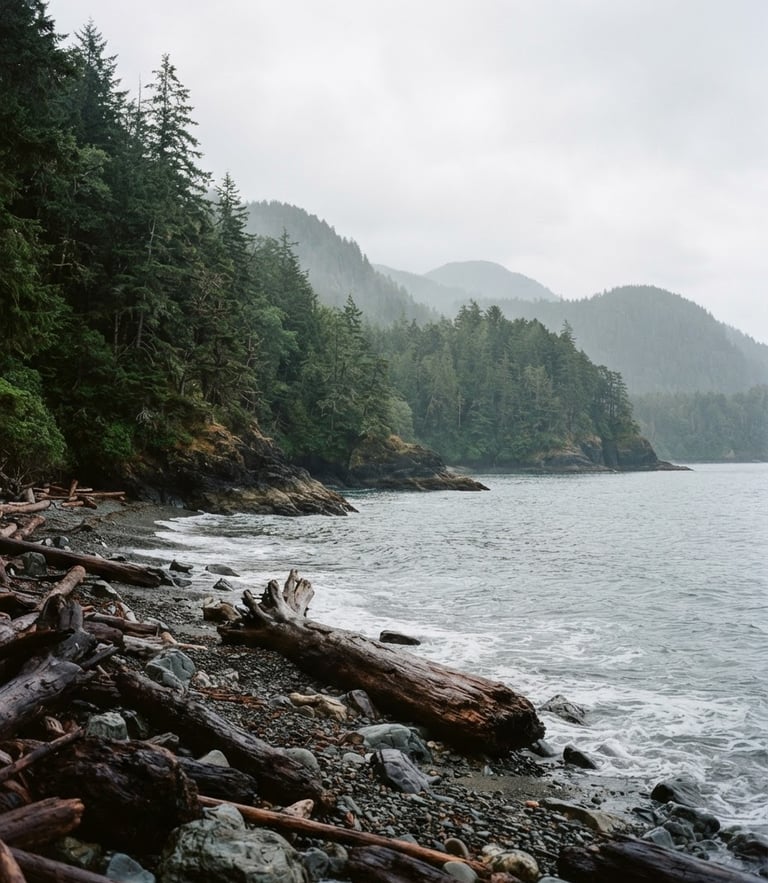 A quiet coastline in the Pacific Northwest under a soft overcast sky, misty green pine trees lining the shore, warm earth tones, 35mm photography