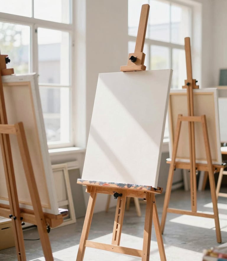 Sunlit art studio interior with blank canvases on wooden easels, soft daylight streaming through large windows.