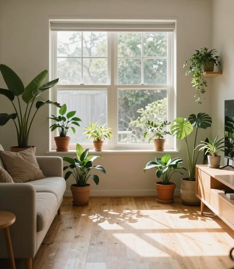 Warm residential living room filled with houseplants, natural sunlight streaming through a large window, clean wooden floors, soft editorial photography